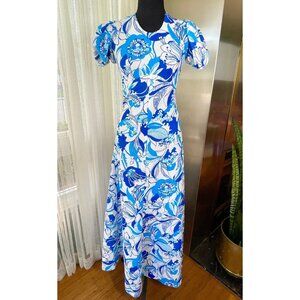 Vintage 60s maxi dress, white, with large tropical blue flowers